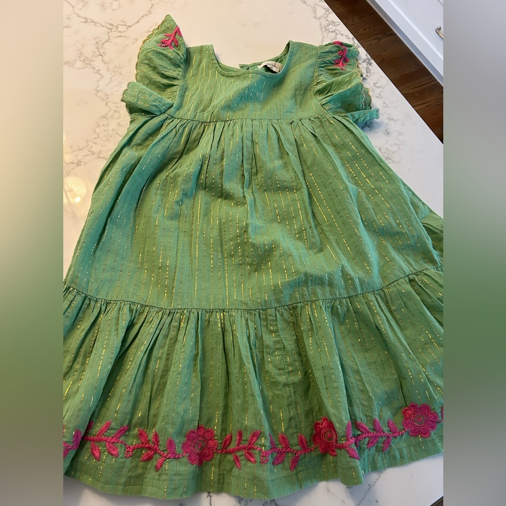 Peek Green Dress with Pink Floral Embroidery